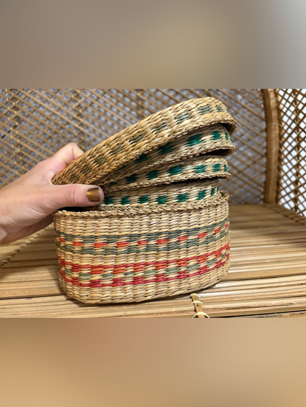 Vintage Sweetgrass Hand Woven Wicker Nesting Baskets Lids Set of 5